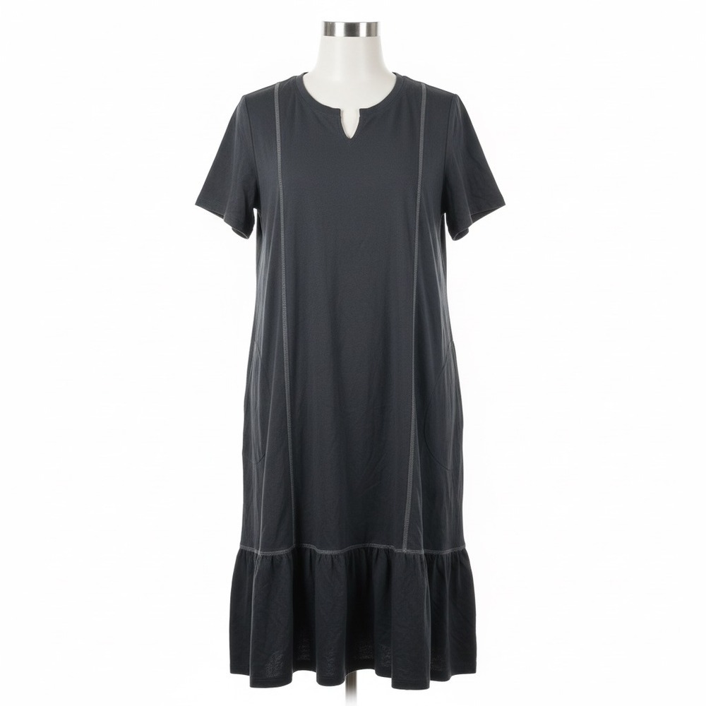 Logo by Lori Goldstein Dress Blue Midi Womens Medium Short Sleeve Tiered Casual